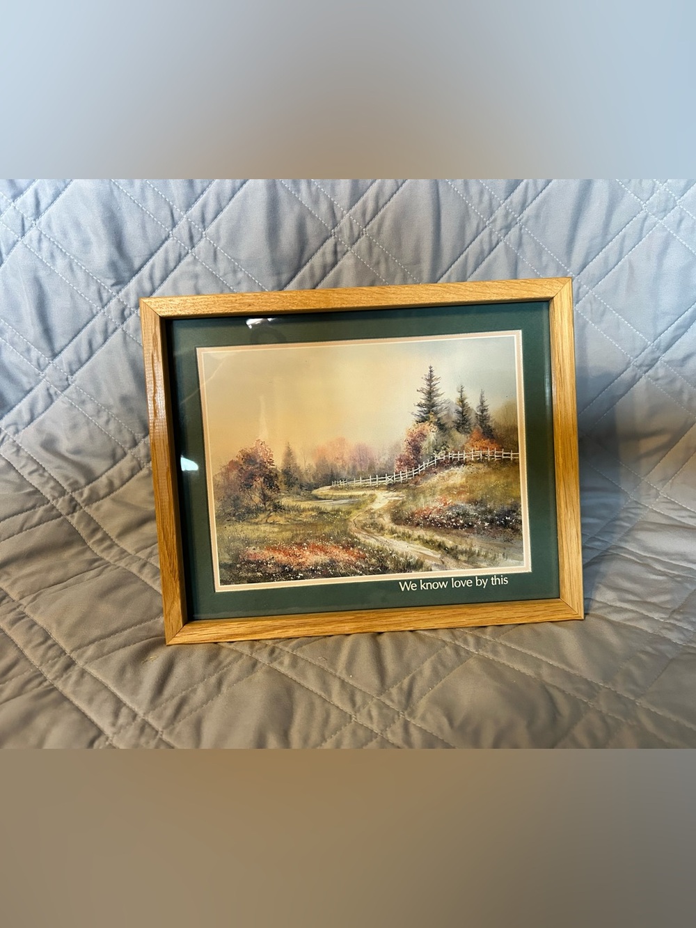 Framed Landscape Print with Green Mat and Oak Frame